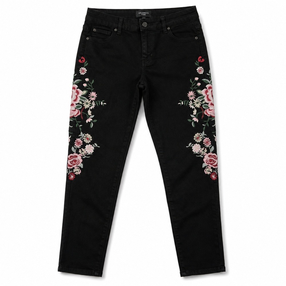 Celebrity Pink Womens 9/29 Black Skinny Jeans Floral Embroidered Mid Rise Ankle